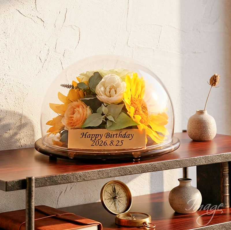 ★夏を代表する花・ヒマワリのアレンジメントでお作りいたしました･丸いフォルムが可愛いサンクス【プレートカラー・印字お選びいただけます】
